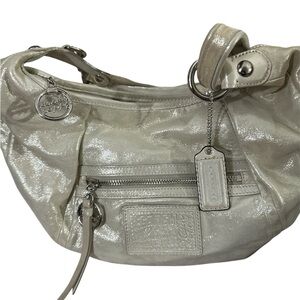 Coach gold silver metallic poppy leather handbag purple interior nice